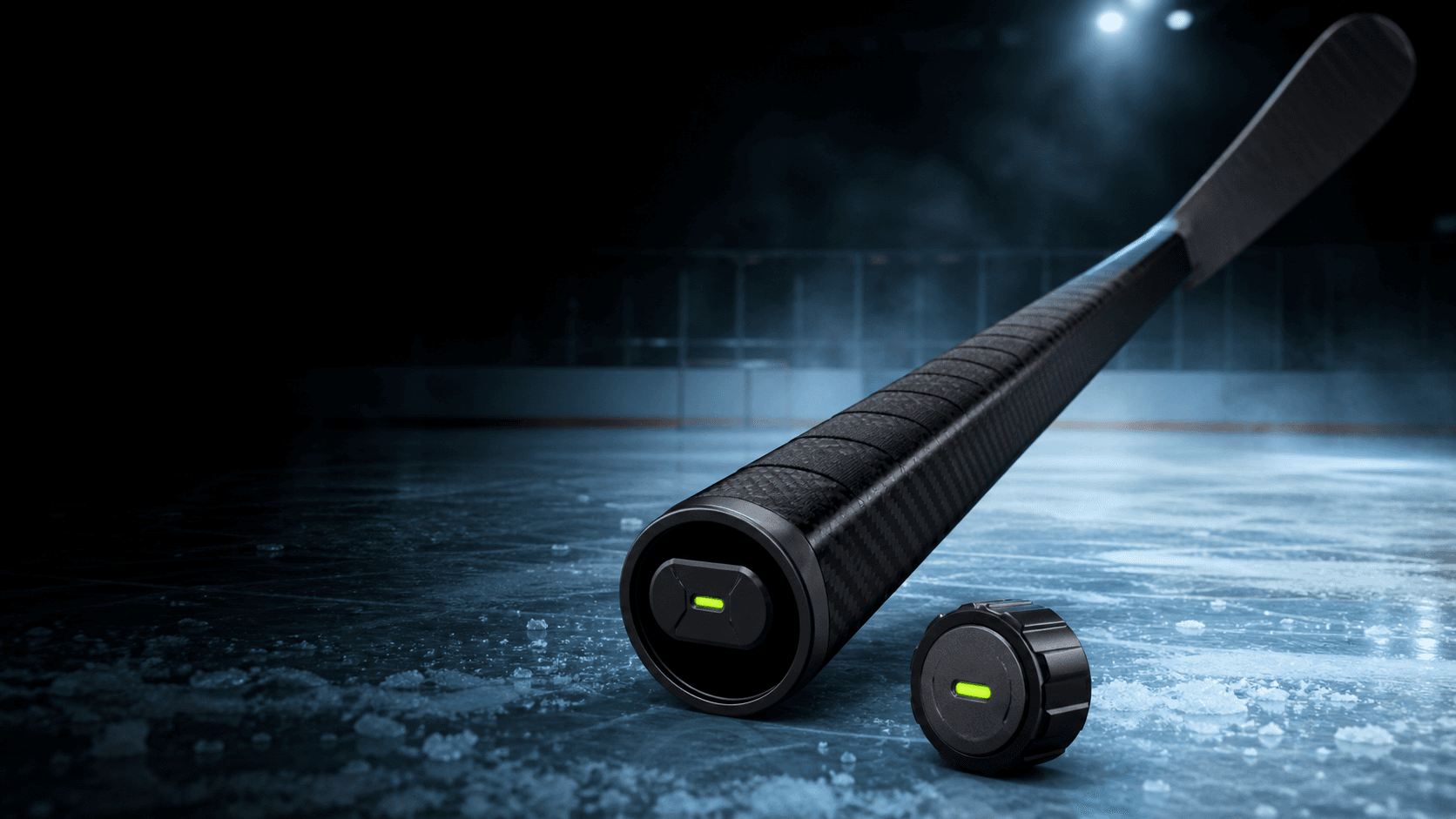 Matte-black hockey stick with a removable motion sensor in the butt end